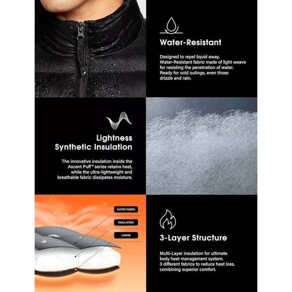 TSLA Men's Sz M Black Lightweight Packable Full Zip Accent Puffer Winter Jacket - Picture 13 of 16